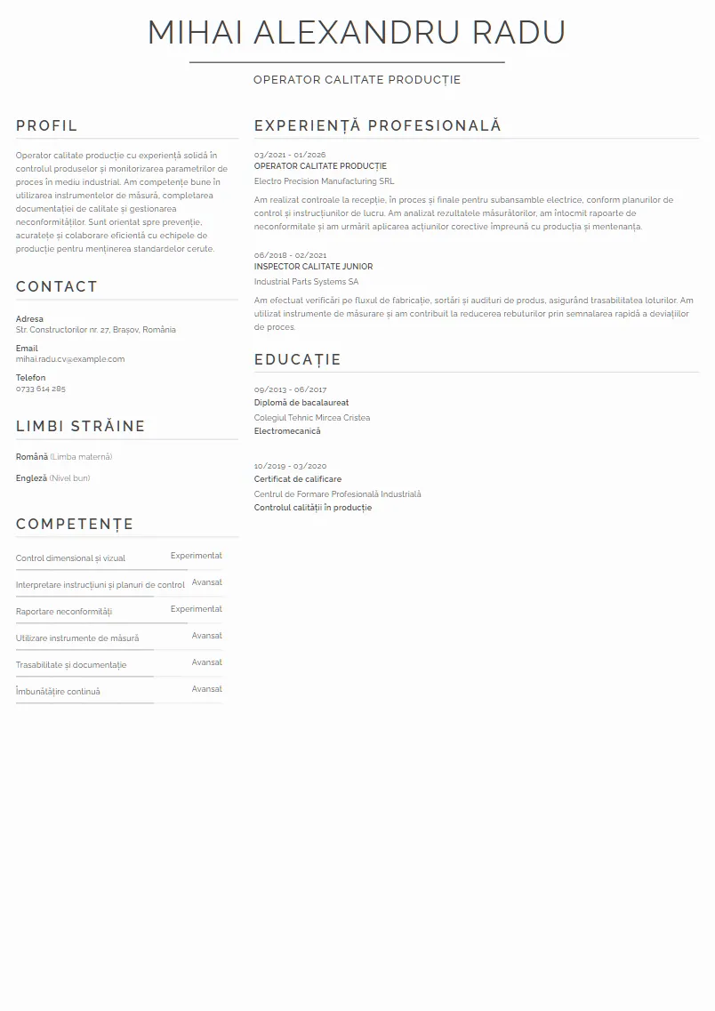 Exemplu CV Operator calitate producție - Mihai Alexandru Radu