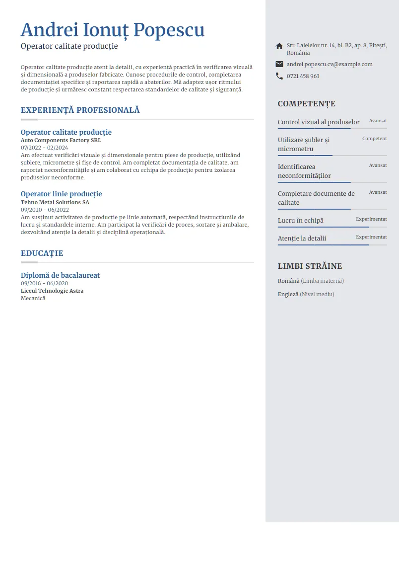 Exemplu CV Operator calitate producție - Andrei Ionuț Popescu