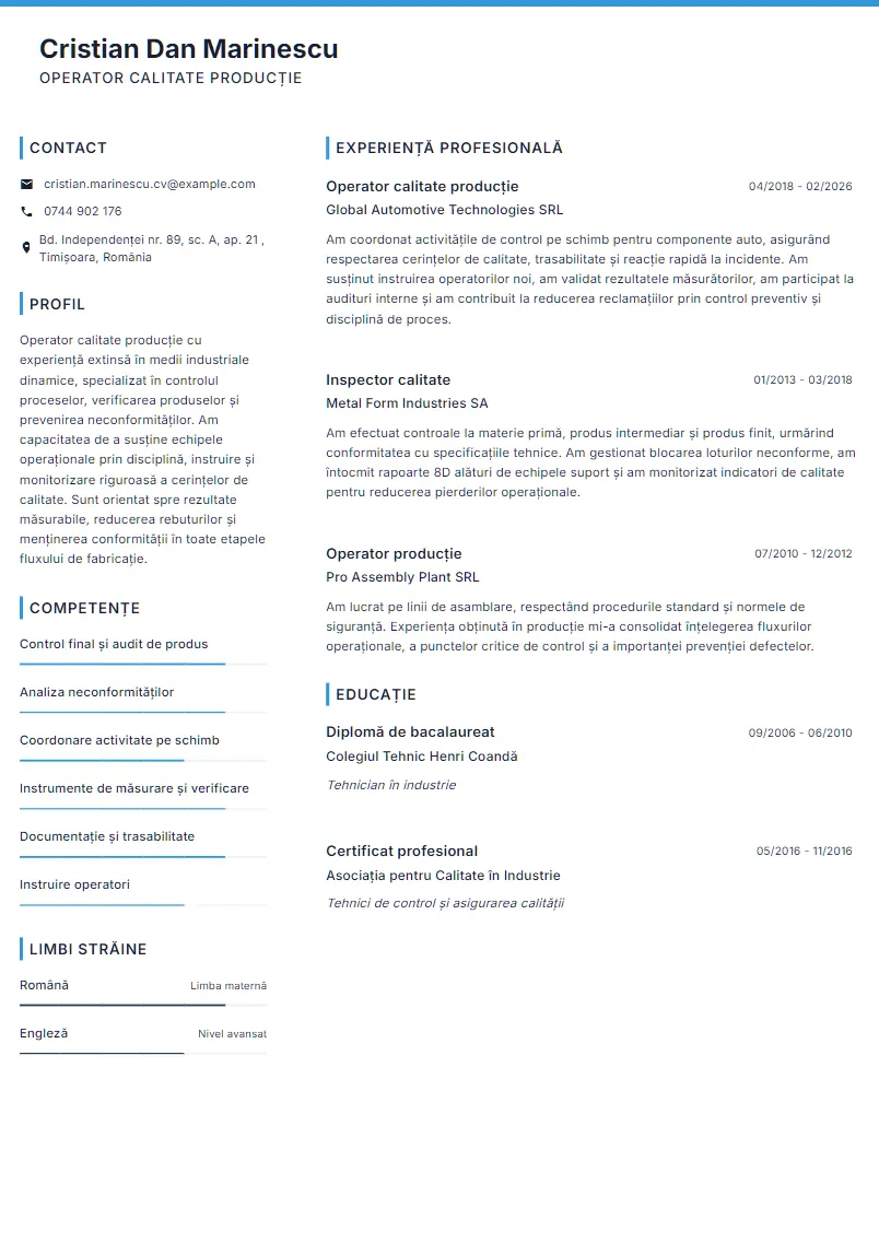 Exemplu CV Operator calitate producție - Cristian Dan Marinescu