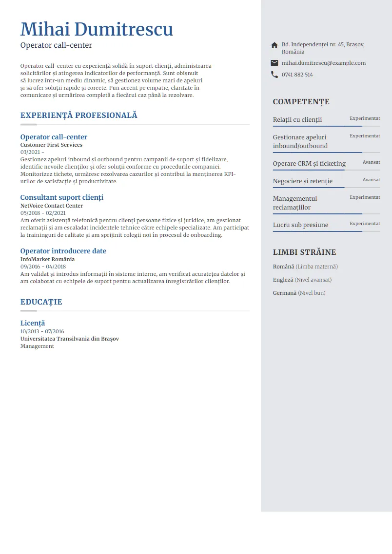 Exemplu CV Operator call-center - Mihai Dumitrescu