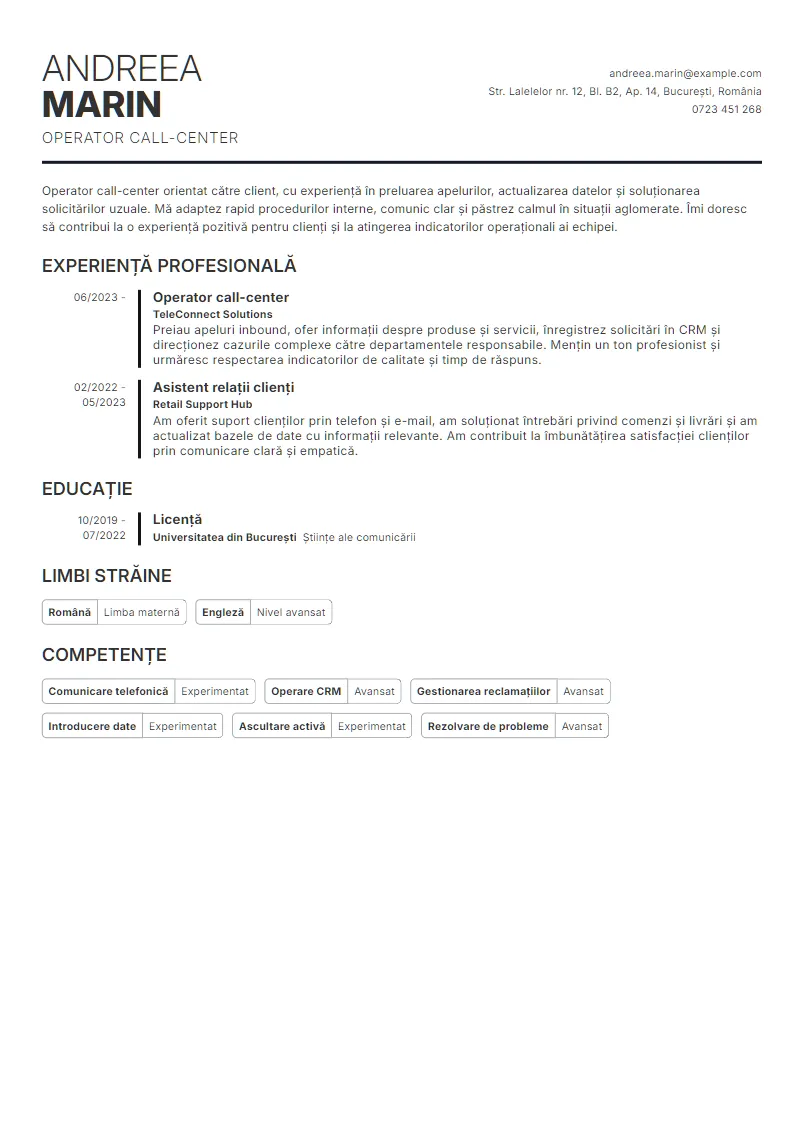 Exemplu CV Operator call-center - Andreea Marin