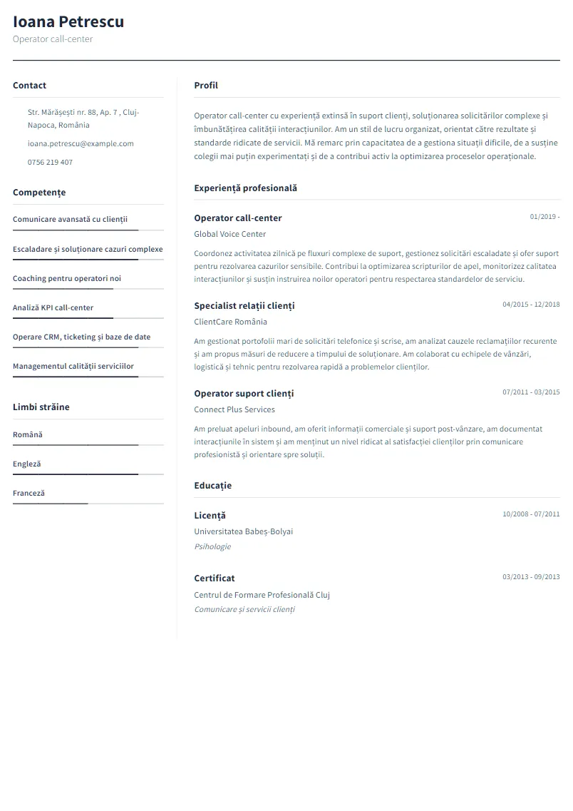 Exemplu CV Operator call-center - Ioana Petrescu