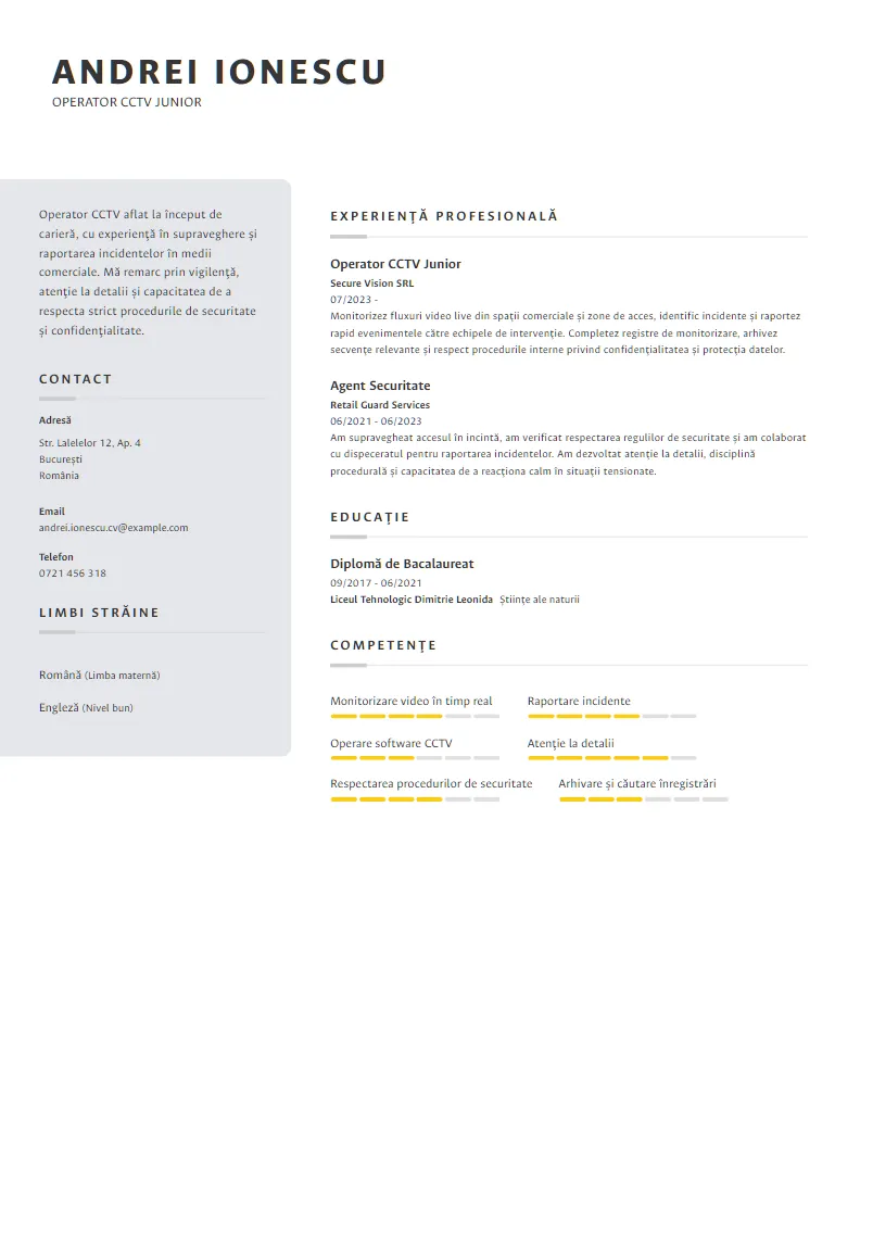 Exemplu CV Operator CCTV Junior - Andrei Ionescu