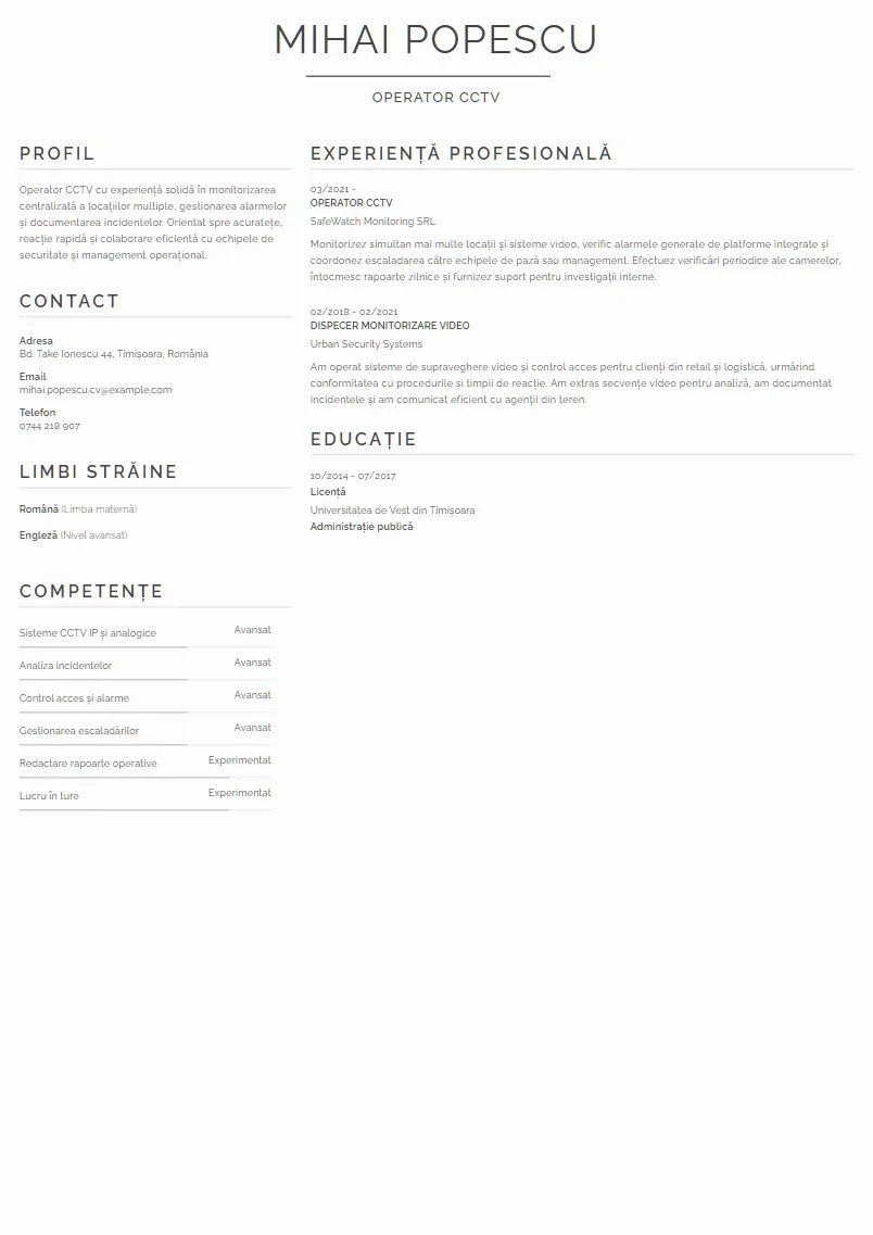Exemplu CV Operator CCTV - Mihai Popescu