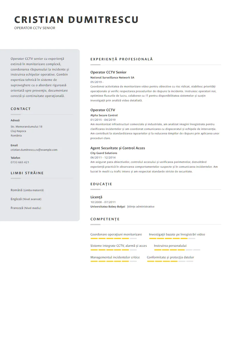 Exemplu CV Operator CCTV Senior - Cristian Dumitrescu
