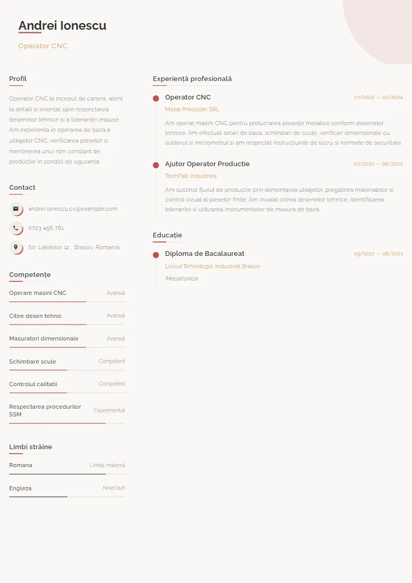 Exemplu CV Operator CNC - Andrei Ionescu