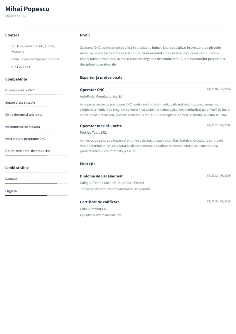 Exemplu CV Operator CNC - Mihai Popescu