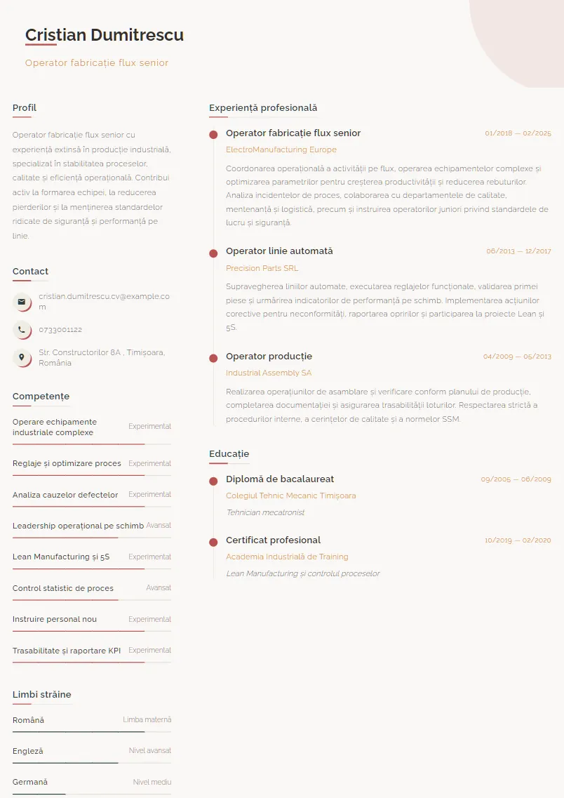 Exemplu CV Operator fabricație flux senior - Cristian Dumitrescu