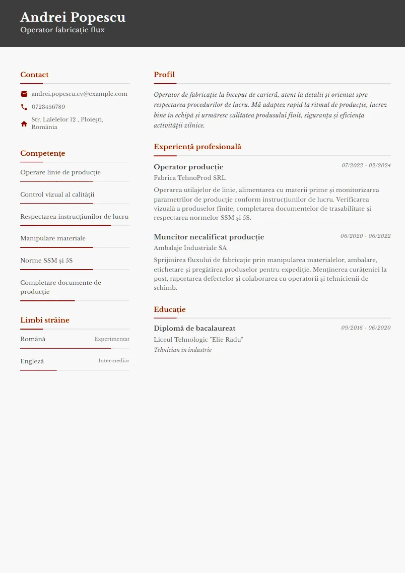 Exemplu CV Operator fabricație flux - Andrei Popescu
