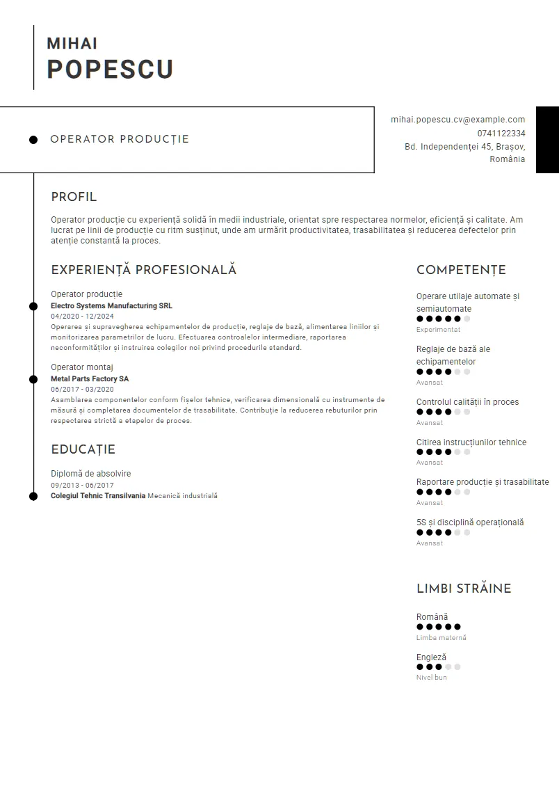 Exemplu CV Operator producție - Mihai Popescu