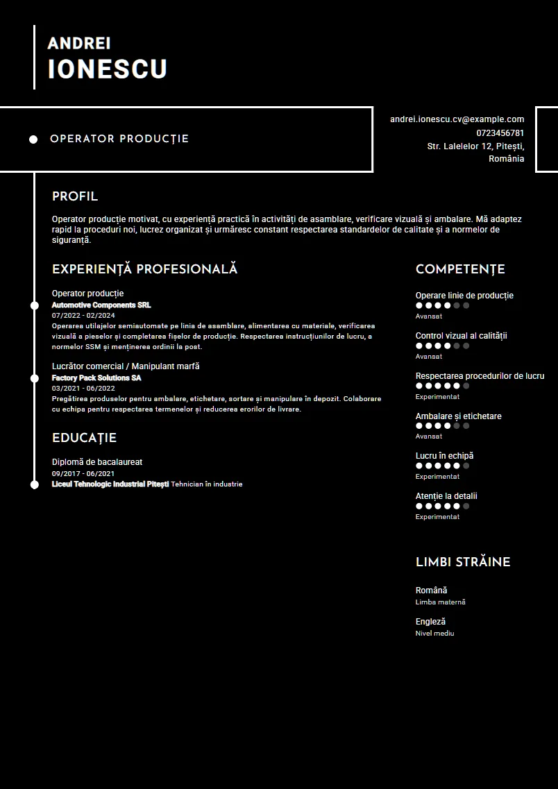 Exemplu CV Operator producție - Andrei Ionescu