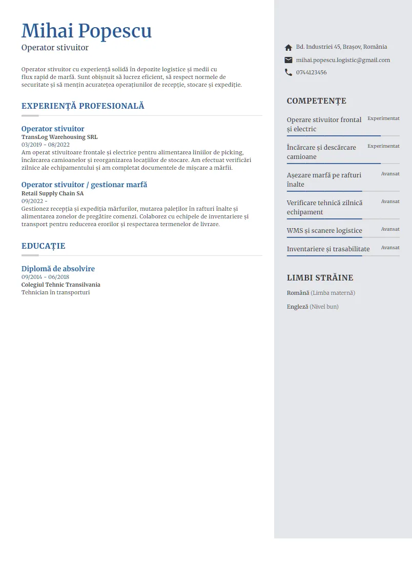 Exemplu CV Operator stivuitor - Mihai Popescu
