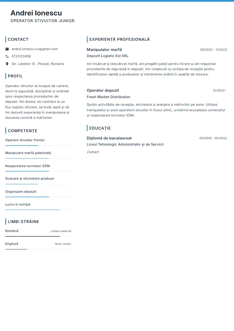 Exemplu CV Operator stivuitor junior - Andrei Ionescu