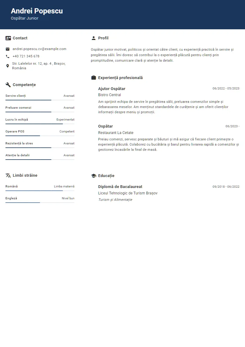 Exemplu CV Ospătar Junior - Andrei Popescu
