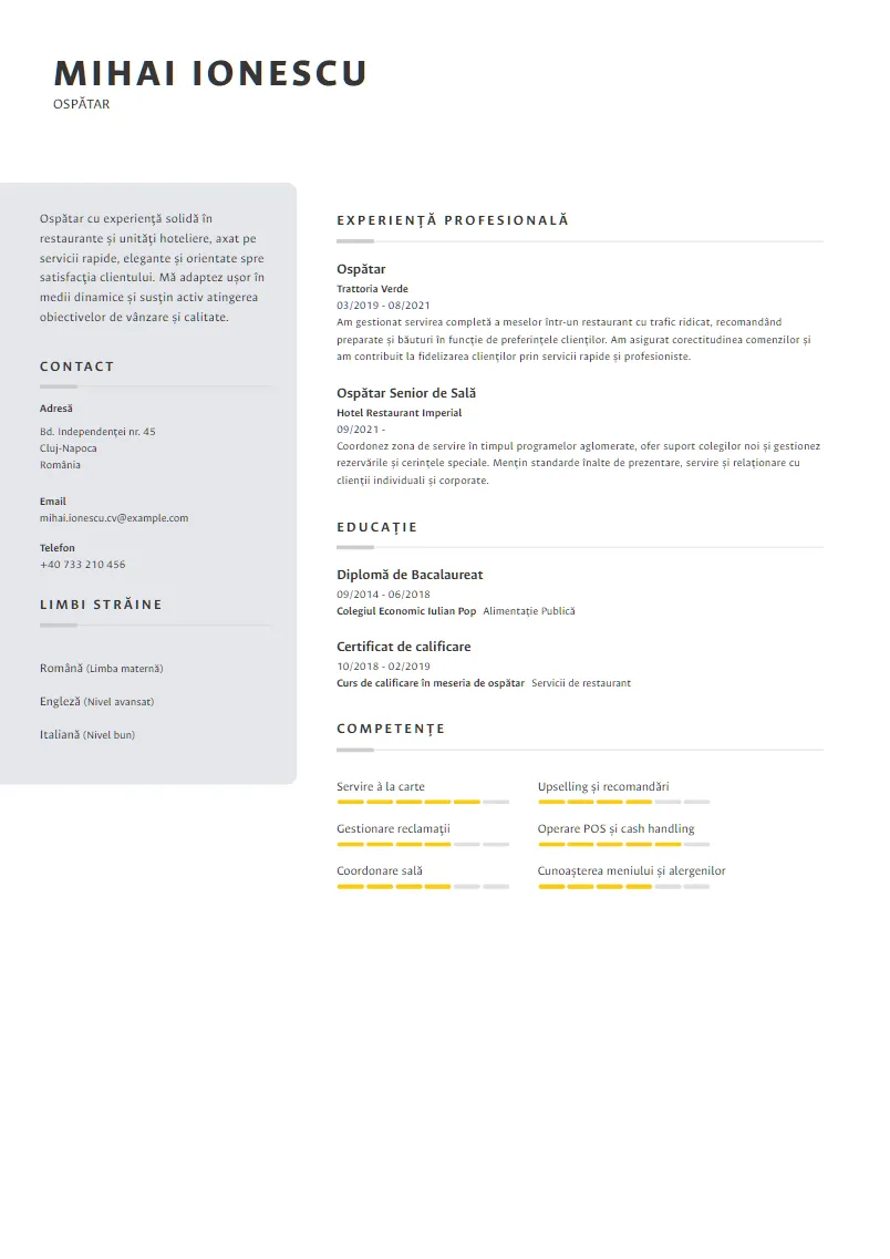 Exemplu CV Ospătar - Mihai Ionescu