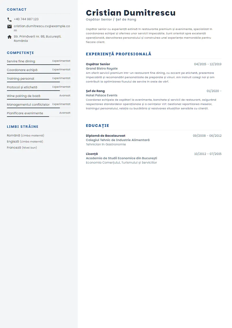 Exemplu CV Ospătar Senior / Șef de Rang - Cristian Dumitrescu