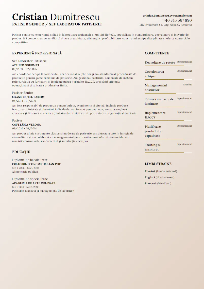 Exemplu CV Patiser Senior / Șef Laborator Patiserie - Cristian Dumitrescu
