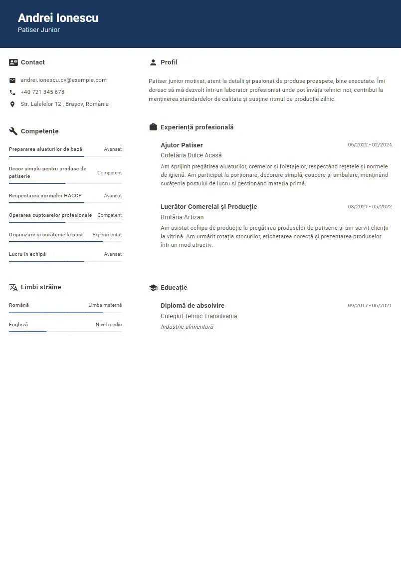 Exemplu CV Patiser Junior - Andrei Ionescu