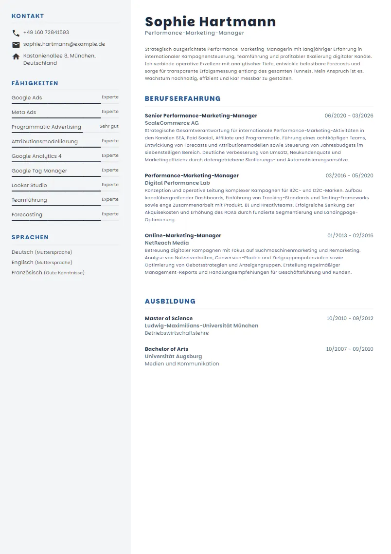 Lebenslauf Beispiel Performance-Marketing-Manager - Sophie Hartmann