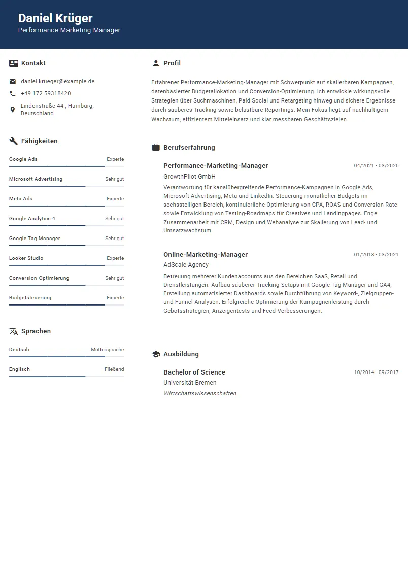 Lebenslauf Beispiel Performance-Marketing-Manager - Daniel Krüger