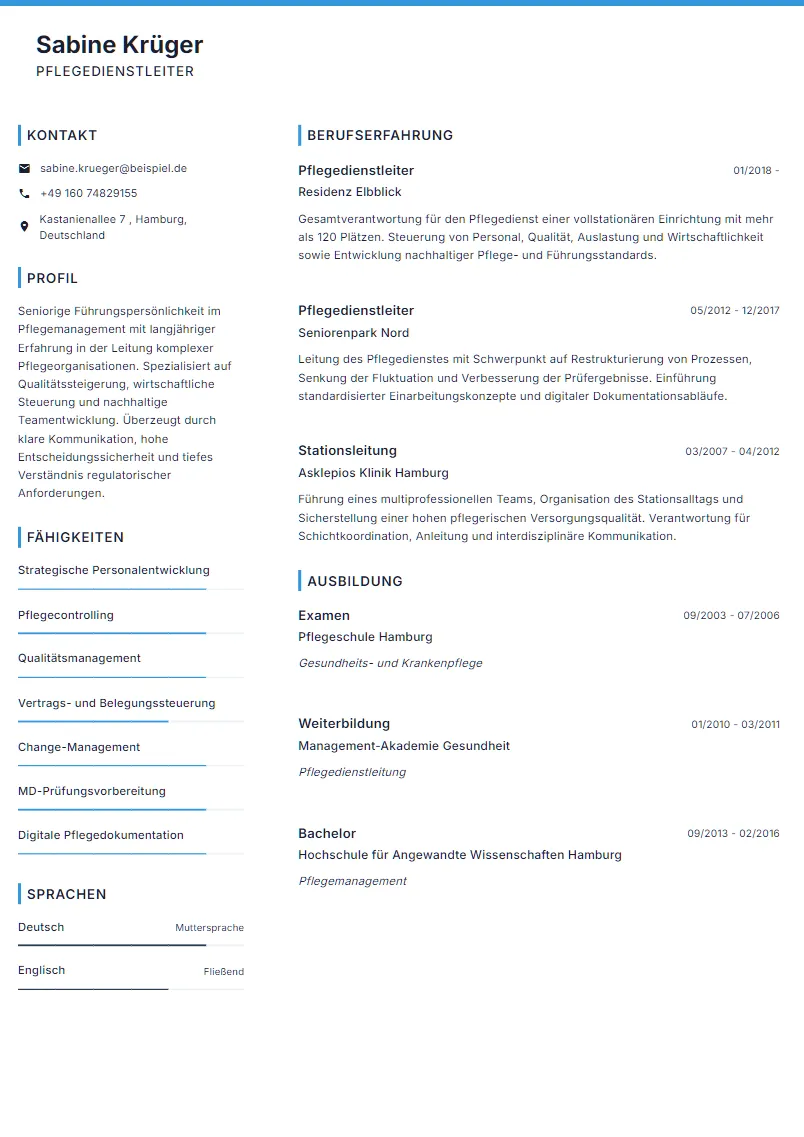 Lebenslauf Beispiel Pflegedienstleiter - Sabine Krüger