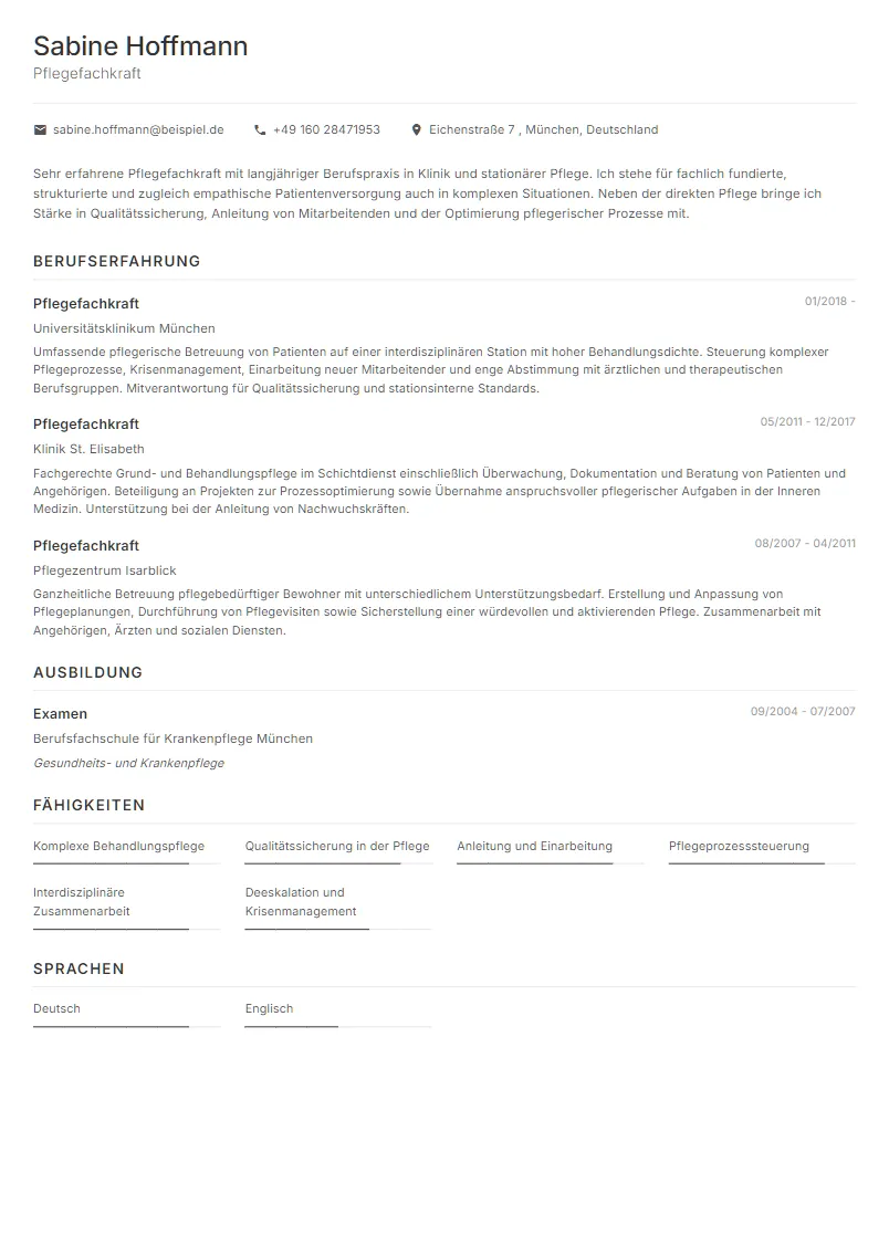 Lebenslauf Beispiel Pflegefachkraft - Sabine Hoffmann