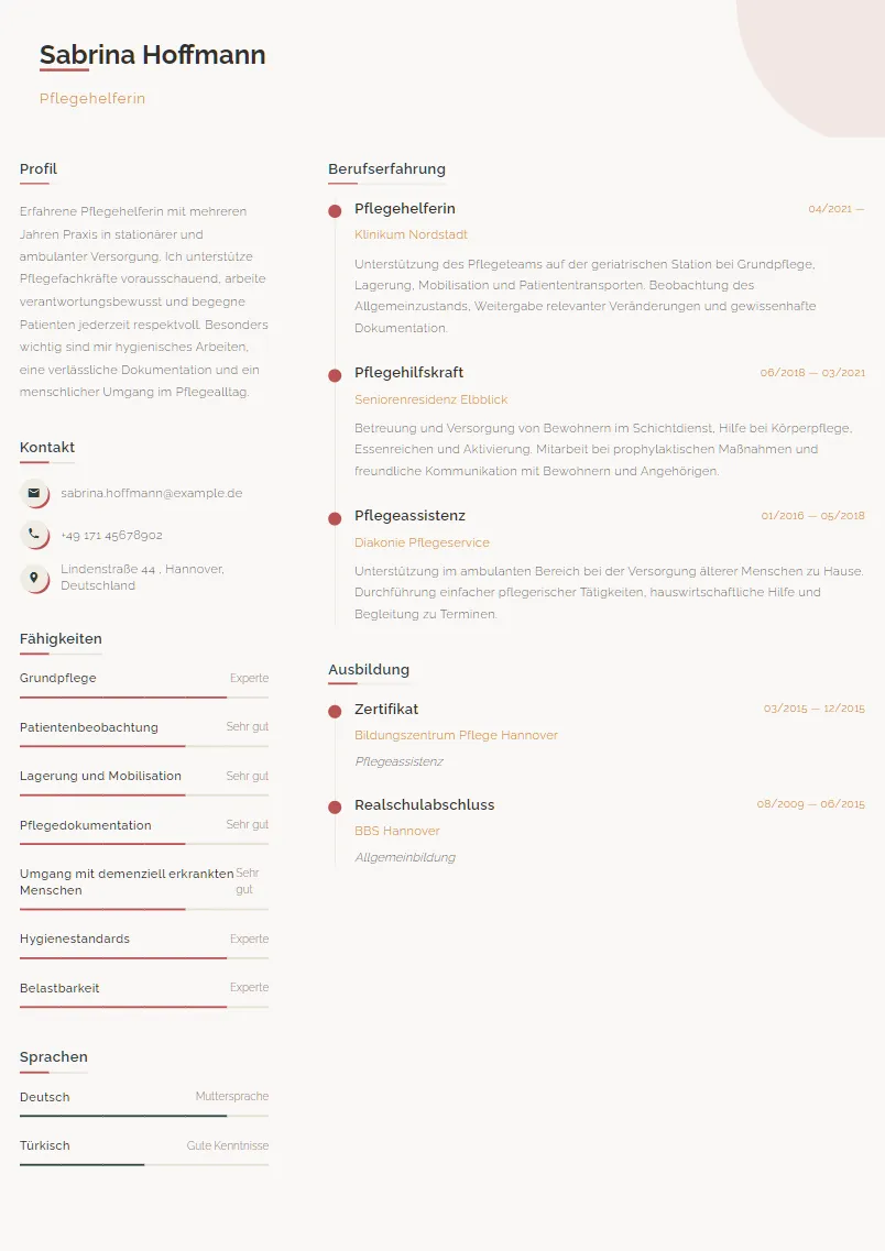 Lebenslauf Beispiel Pflegehelferin - Sabrina Hoffmann