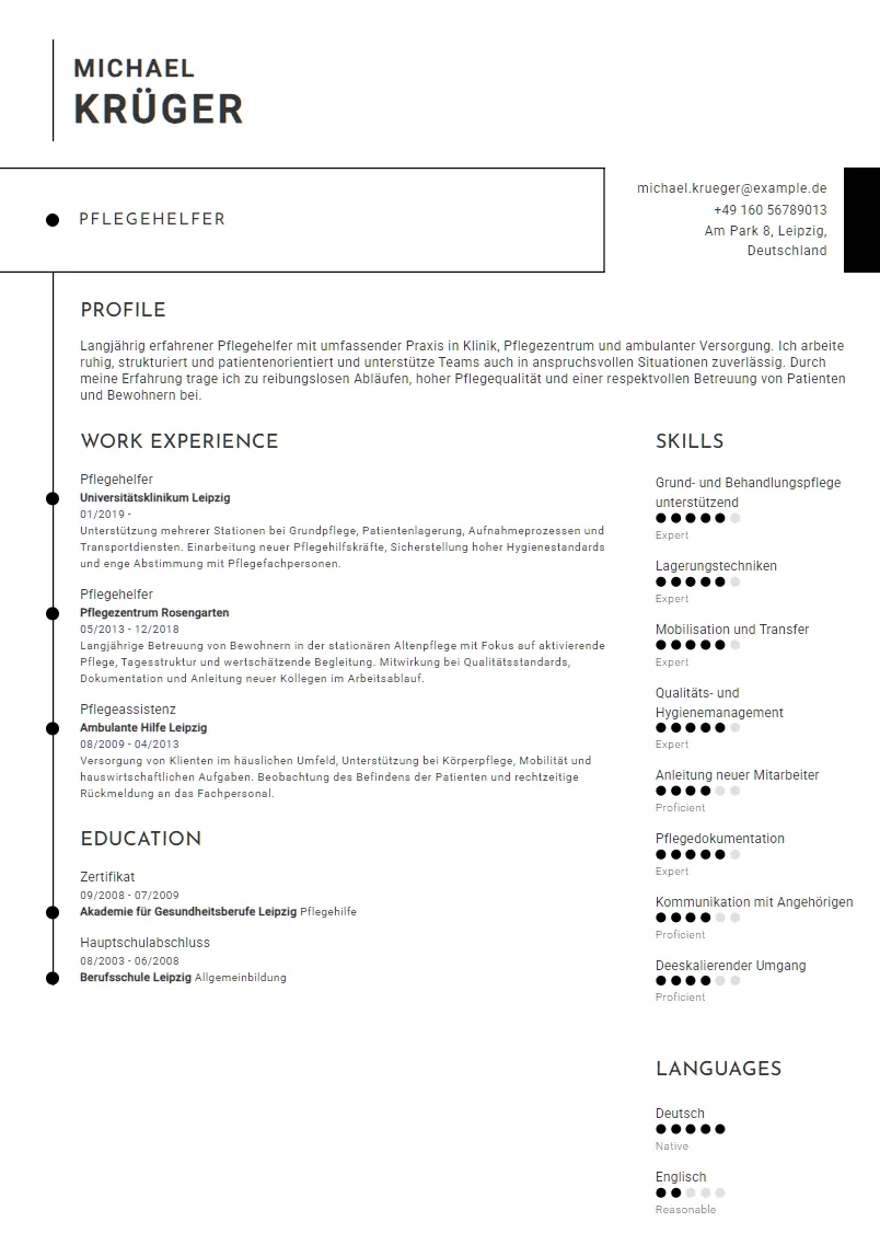 Lebenslauf Beispiel Pflegehelfer - Michael Krüger