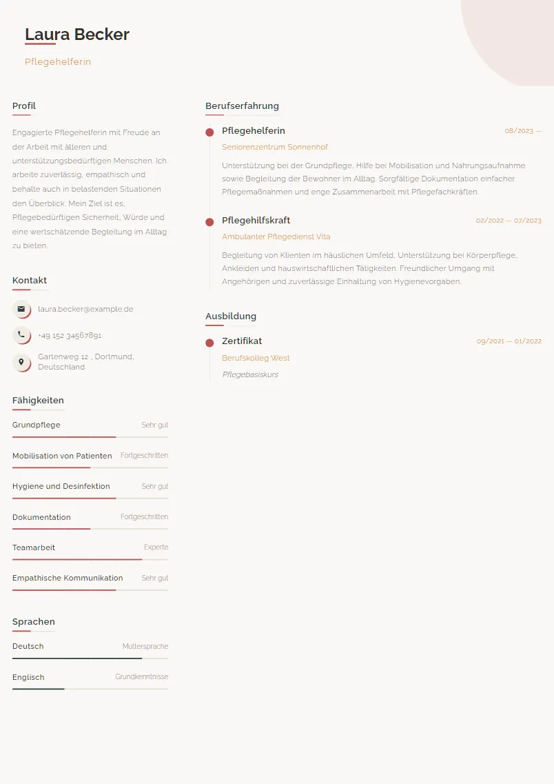 Lebenslauf Beispiel Pflegehelferin - Laura Becker