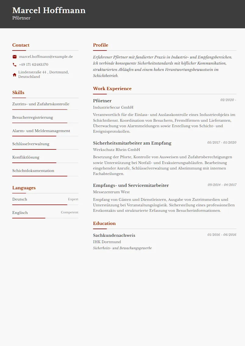 Lebenslauf Beispiel Pförtner - Marcel Hoffmann
