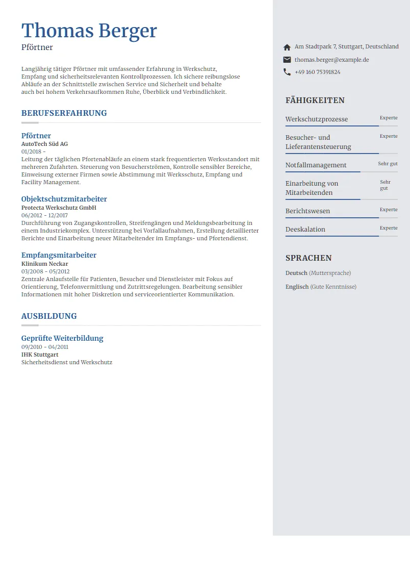 Lebenslauf Beispiel Pförtner - Thomas Berger