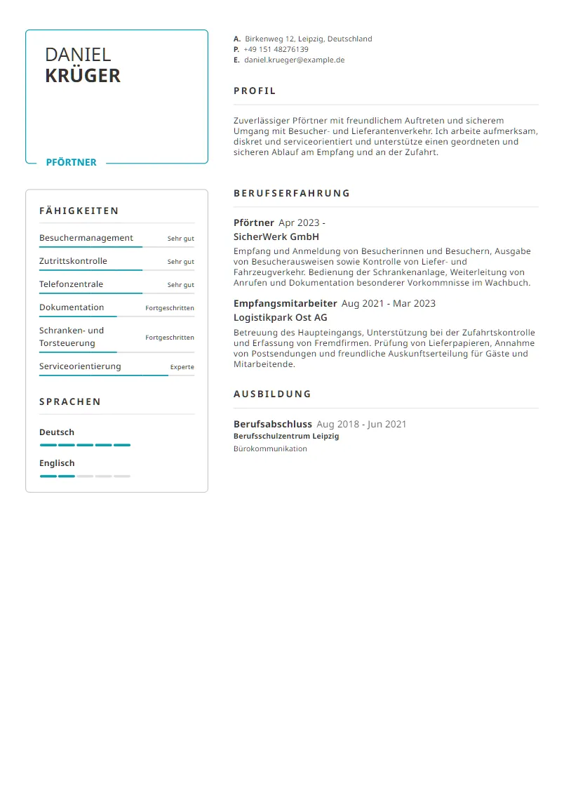 Lebenslauf Beispiel Pförtner - Daniel Krüger