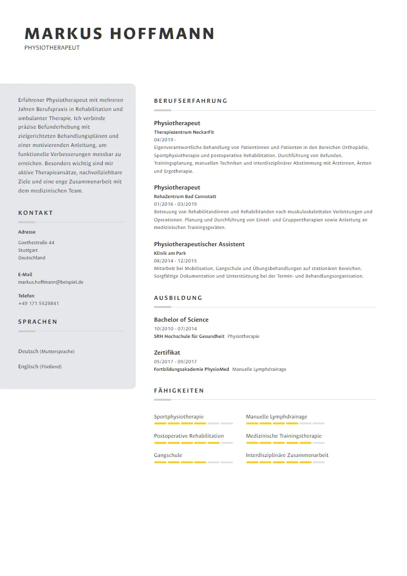Lebenslauf Beispiel Physiotherapeut - Markus Hoffmann
