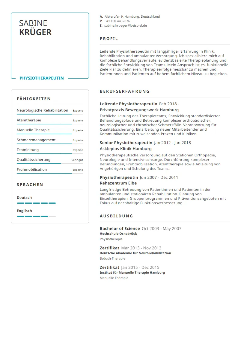 Lebenslauf Beispiel Physiotherapeutin - Sabine Krüger