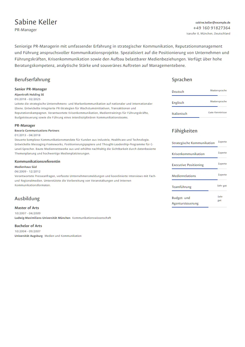 Lebenslauf Beispiel PR-Manager - Sabine Keller