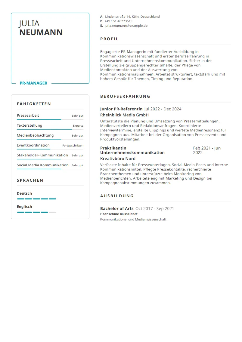 Lebenslauf Beispiel PR-Manager - Julia Neumann