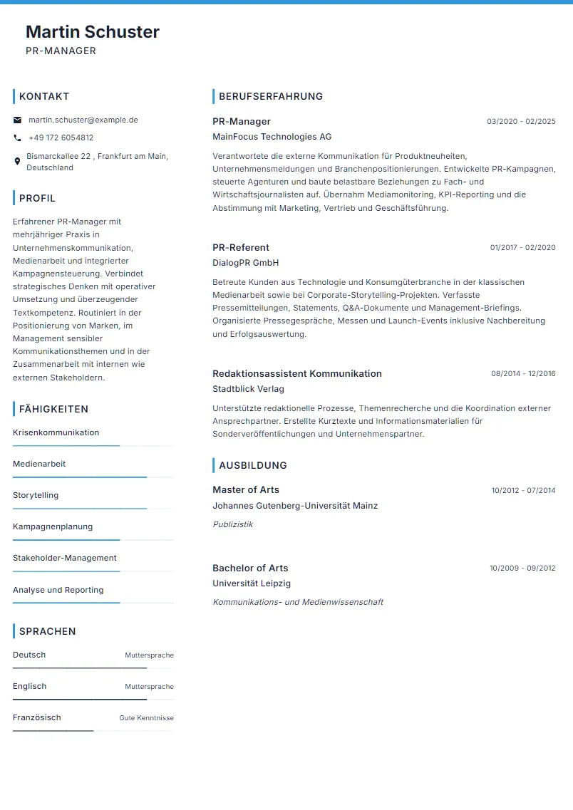 Lebenslauf Beispiel PR-Manager - Martin Schuster