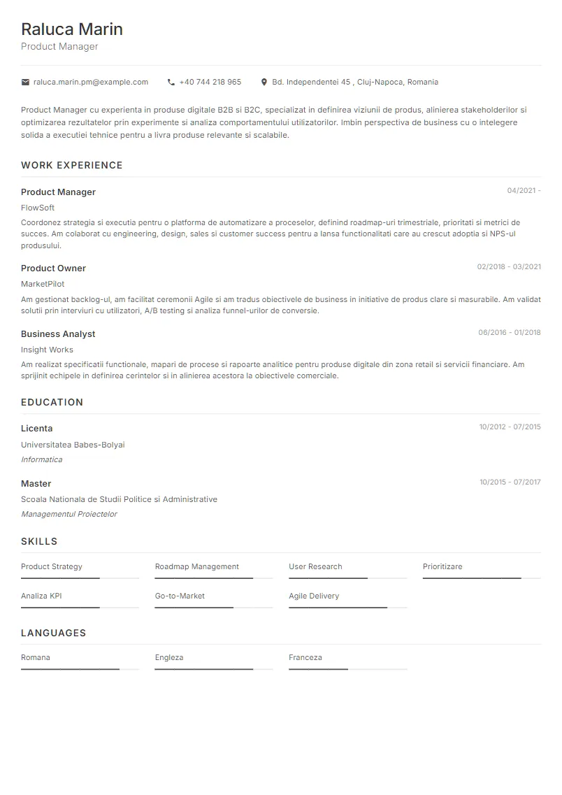 Exemplu CV Product Manager - Raluca Marin