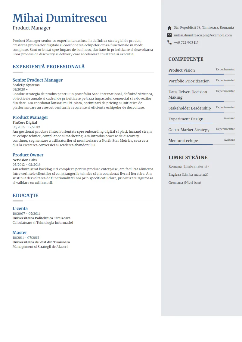 Exemplu CV Product Manager - Mihai Dumitrescu