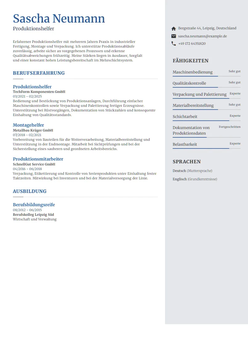 Lebenslauf Beispiel Produktionshelfer - Sascha Neumann