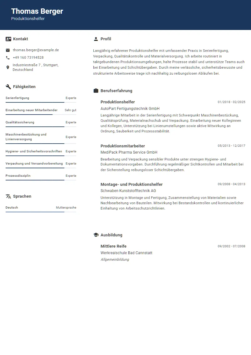 Lebenslauf Beispiel Produktionshelfer - Thomas Berger