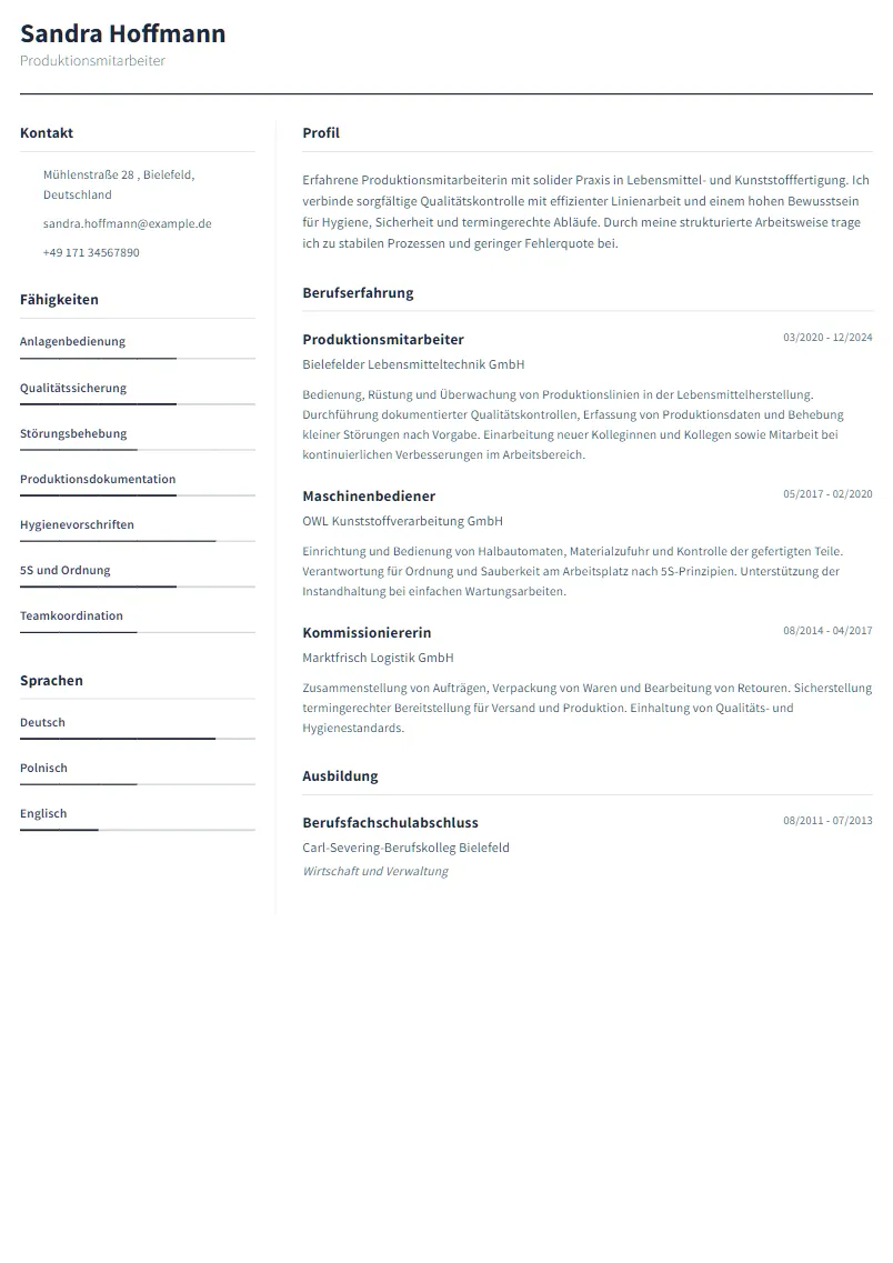 Lebenslauf Beispiel Produktionsmitarbeiter - Sandra Hoffmann