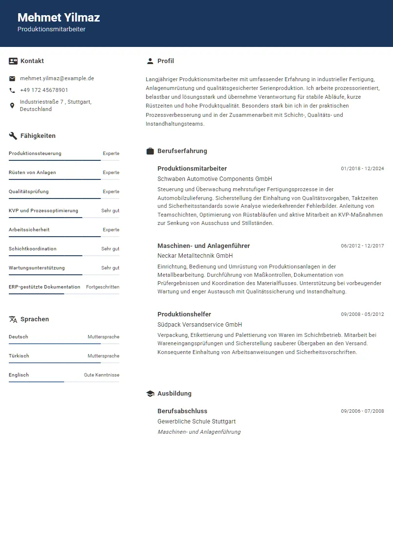 Lebenslauf Beispiel Produktionsmitarbeiter - Mehmet Yilmaz
