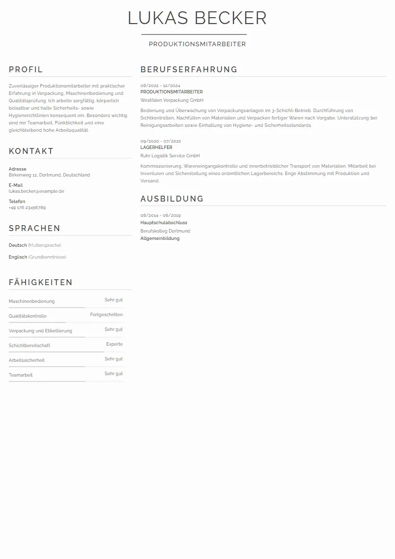 Lebenslauf Beispiel Produktionsmitarbeiter - Lukas Becker