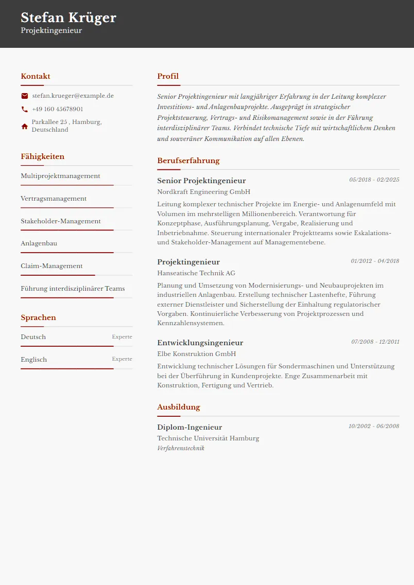 Lebenslauf Beispiel Projektingenieur - Stefan Krüger