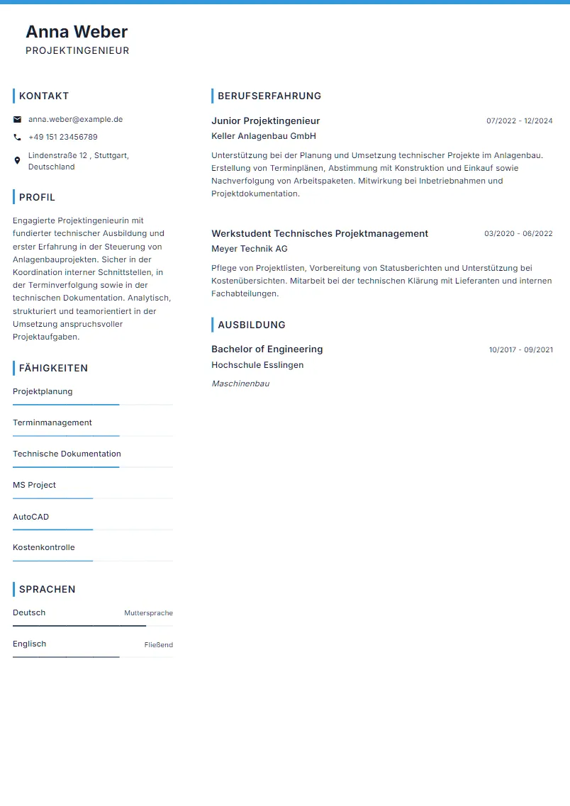 Lebenslauf Beispiel Projektingenieur - Anna Weber