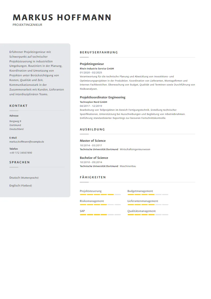 Lebenslauf Beispiel Projektingenieur - Markus Hoffmann