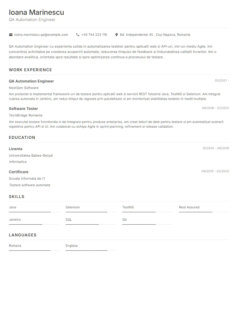 Exemplu CV QA Automation Engineer - Ioana Marinescu