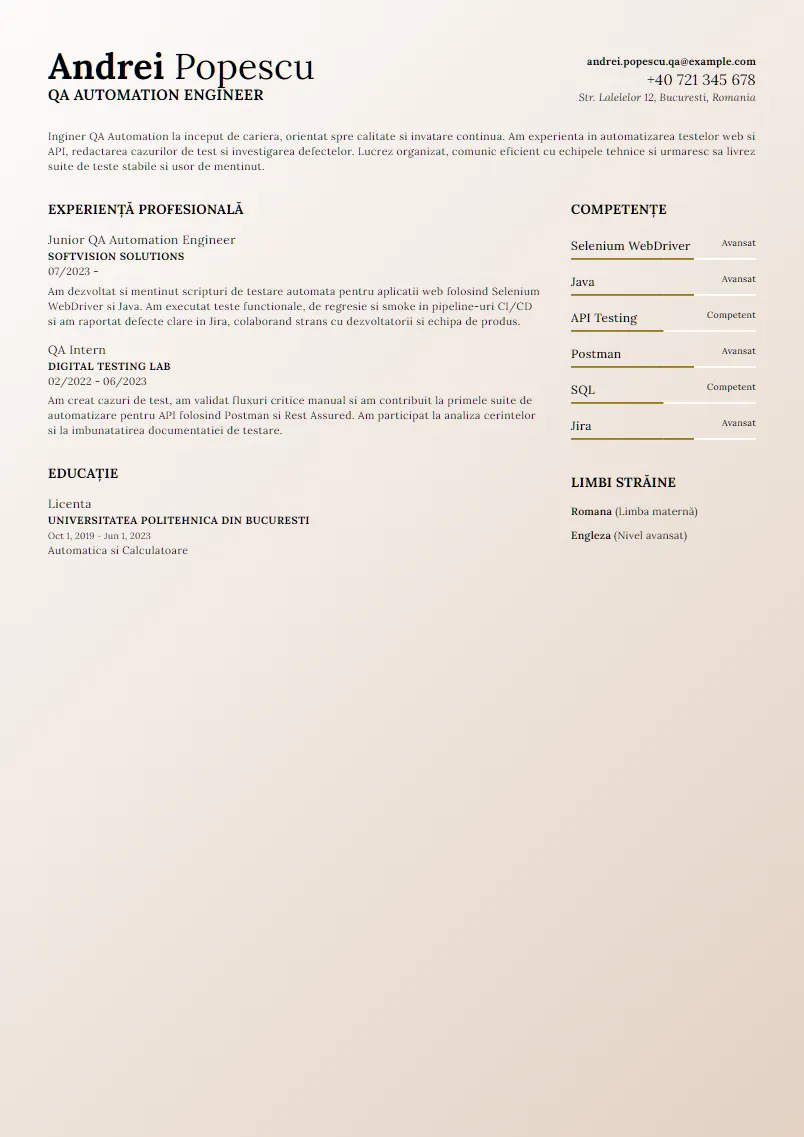 Exemplu CV QA Automation Engineer - Andrei Popescu