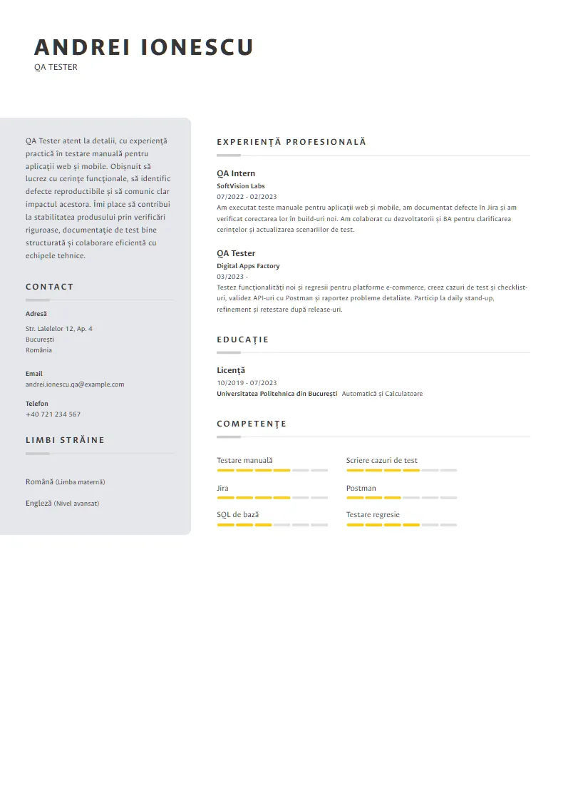 Exemplu CV QA Tester - Andrei Ionescu